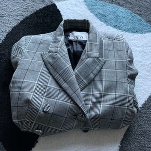 Zara blazer grey plaid with  black buckle Size S